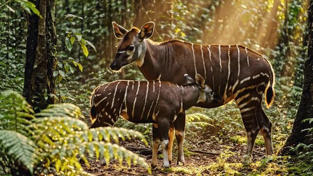 Okapi Calf Nuzzles Mother in Dappled Forest Light