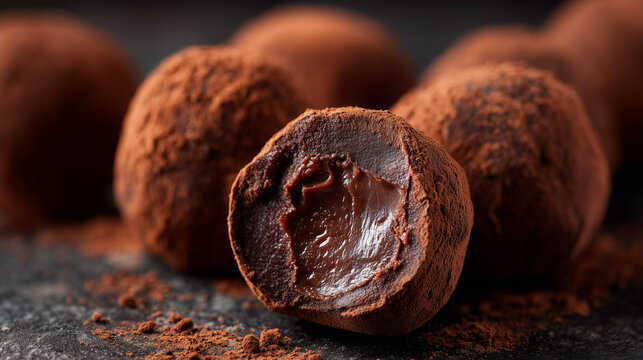 Chocolate truffles with molten center, rich dessert close up, indulgent sweet treat with creamy texture and warm tones on dark background.