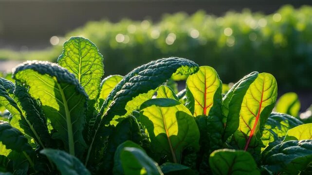 Close-up Of Lush Green Kale Chard Leaves Illuminated By Sunlight In Field With Blurred Background Of More Crops For Healthy Eating Organic Farming Concepts