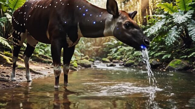 Okapi Drinks Water From Forest Stream Amidst Dappled Sunlight