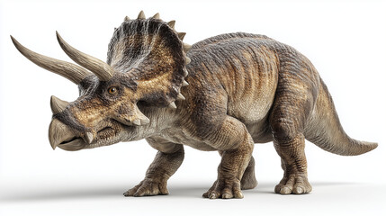 Fototapeta premium Realistic triceratops dinosaur isolated on white background, highly detailed 3D render with sharp texture, ideal for education, science, and design use.
