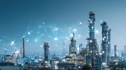 Obraz premium Modern factory, communication network. Telecommunication. IoT, Internet of Things, ICT, Information communication Technology,. Smart factory. Digital transformation, cloud connecting, generate by AI
