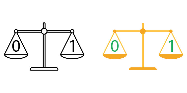 Balance scale binary symbol. Scale with zero and one digits equally balanced. Digital choice and binary dilemma concept. Simple geometric illustration.