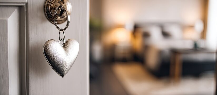 Silver heart keychain on an open white door, revealing a blurred, inviting bedroom