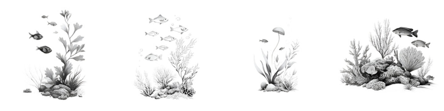 Monochrome Underwater World: Hand-Drawn Coral Reef and Fish Illustration