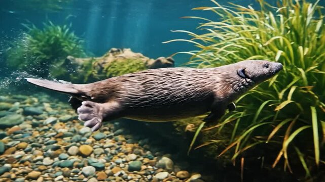 Platypus swimming gracefully through clear stream