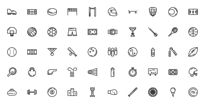 Sport icon set. Vector sports equipment and symbols collection. Includes soccer, basketball, tennis, football, hockey, boxing, golf, trophy and more. Editable thin line icons.