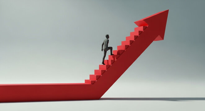 Businessman climbing red arrow staircase symbolizing career growth and success representing business development and upward trend isolated on gray background