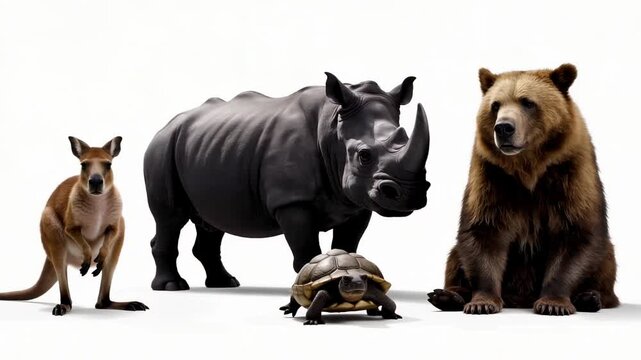 This features a kangaroo, a rhinoceros, a bear, and a turtle standing in a line on a white background, showcasing their distinct textures and characteristics in a visually appealing way, perfect for