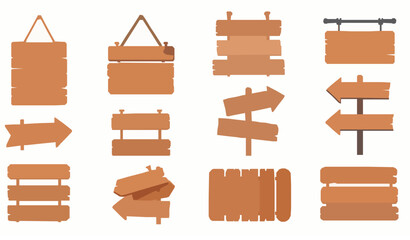 Cartoon wooden sign boards vector collection with rope hanging planks and rustic display elements © MD