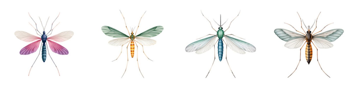 Watercolor Illustration of Mosquitoes in Various Colors Isolated on White Background