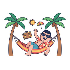 Fototapeta premium Man waving hand while relaxing in hammock between palm trees
