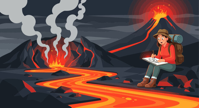 Geologist studying volcanic eruption with lava flow.