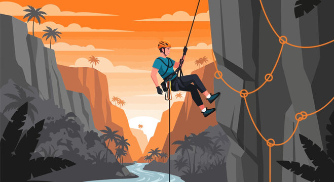 Man rappelling down a steep cliff face during an adventure activity.