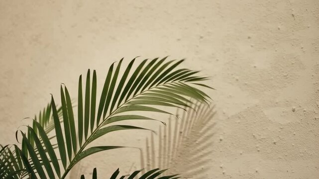 This features a close-up shot of palm leaves set against a beige background. The natural light casts shadows of the leaves, creating a serene and peaceful atmosphere. The showcases the beauty of