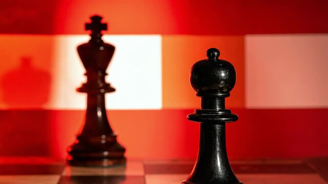 Black chess piece in focus, red background, abstract light patterns, strategic game concept, vertical display, competition elements, board games.