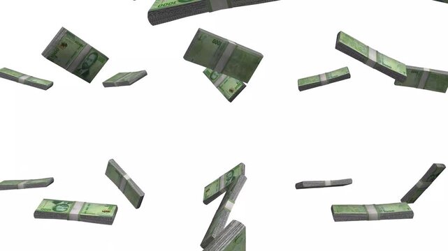 Mozambique Money, New Mozambican Metical Banknotes Falling, MZN Currency Stacks, White Background, 4K