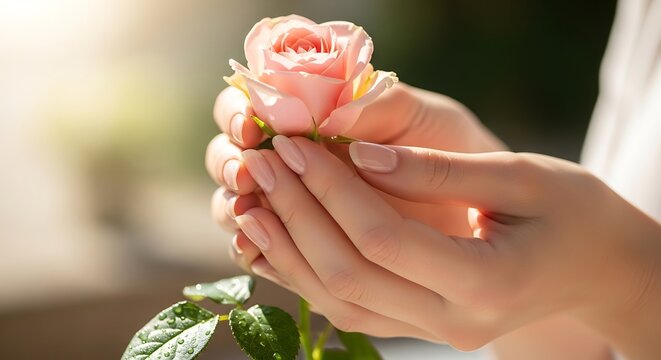 Elegant hands holding a soft pink rose conveying love and tenderness
