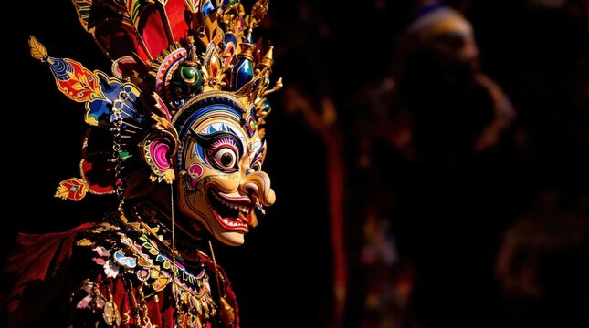 Colorful masked dancer with ornate headdress, set against a dark background, in profile