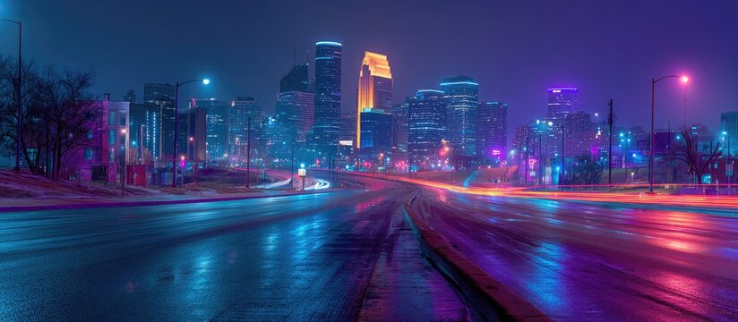 Vibrant city skyline at night with neon lights reflecting on wet urban streets