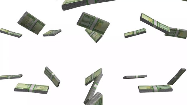 Myanmar Money, Myanmar Kyat Banknotes Falling, MMK Currency Stacks, White Background, 4K