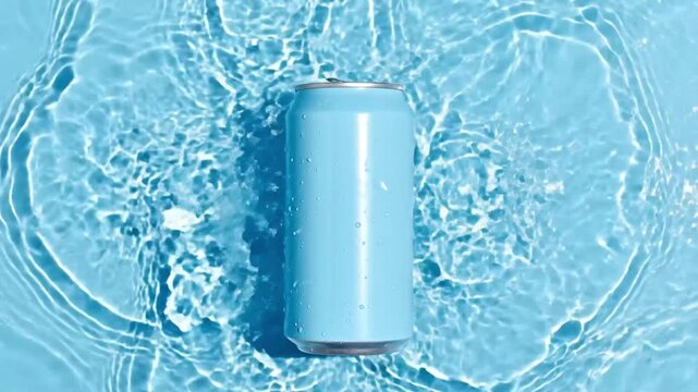 Light blue blank beverage can splashing into water on a matching blue background