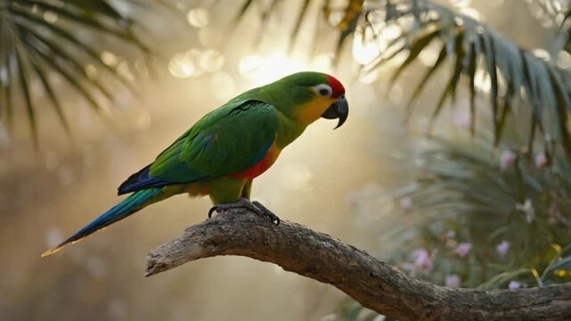 colorful parrot perched on tree branch in tropical setting