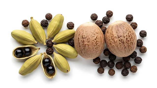 Aromatic spice arrangement on white background cardamom and nutmeg