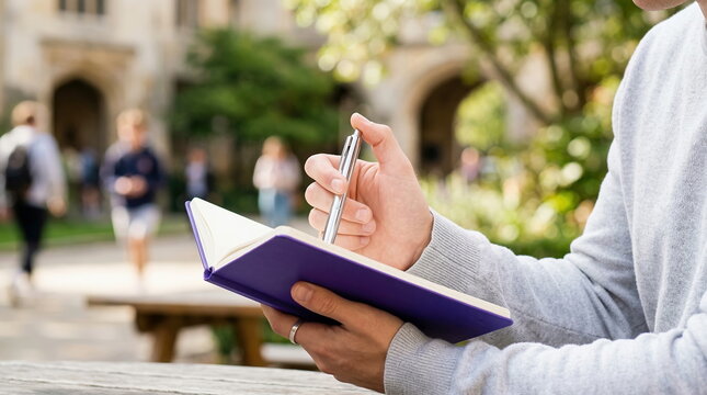 Young man's hands holding a pen and a purple notebook, taking notes outdoors on a sunny university campus, symbolizing education and focus.