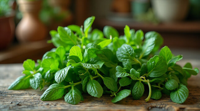 Fresh mint leaves on rustic wooden table