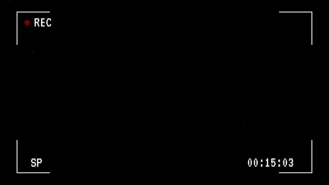 Retro VHS camcorder frame with rec icon, timer, sp and analog glitch noise