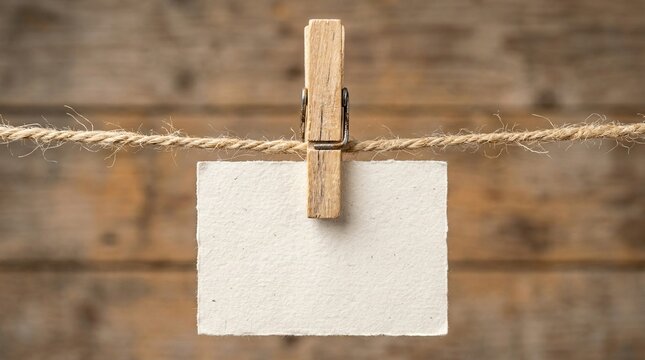 Blank white paper card clipped to a clothesline with a wooden peg against rustic wood planks, providing a simple note placeholder and clear copy space for messages.