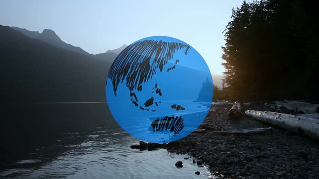 On playback start digital globe rotating above lake, revealing sketch continents for education