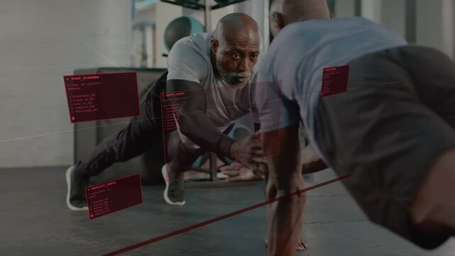 Vertical video: Leading trainer in gray shirt starting taps and push-ups at gym with HUD coaching
