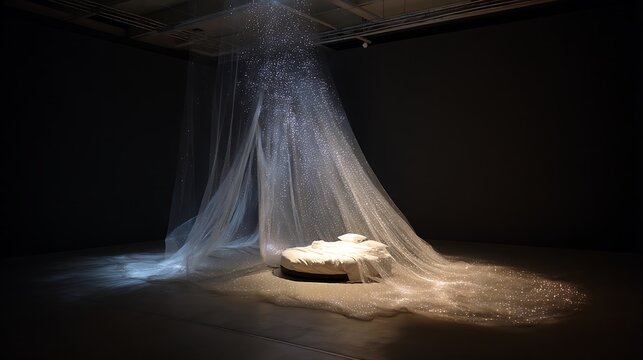 Close-up of a translucent white fabric draped in folds with subtle blue lighting