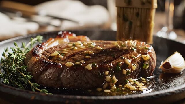 Delicious Steak Being Basted with Garlic Herb Butter Sauce.