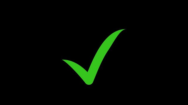 green check mark tick isolated on black background. check mark sign, verify complete sign, approved, select tick, success , approved, yes icon signs, 4k animation video. overlay tick mark.