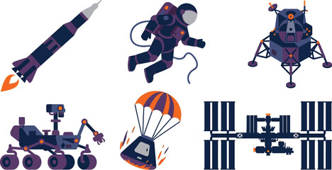 Space Exploration and Astronaut Equipment Flat Vector Illustration Pack Including Rocket Launch Lunar Lander Mars Rover and Space Station Silhouette © Madhuka Disanayaka