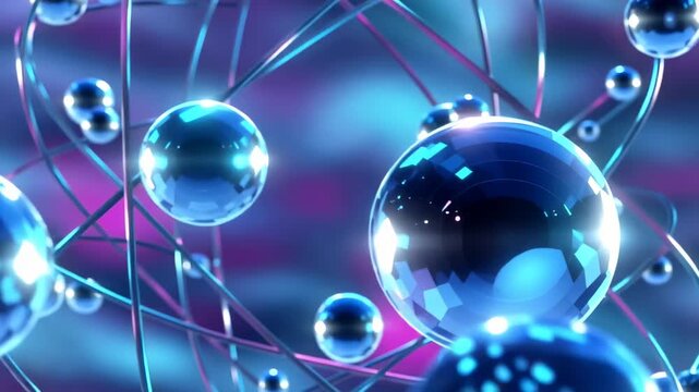 This features a detailed 3D model of an atom, showcasing the electrons orbiting around the nucleus in a glowing blue representation. The futuristic visual is perfect for educational purposes