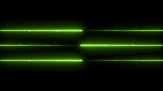 Three horizontal lines of vivid neon green light with a noticeable pixelated texture emit a strong glow against a dark black background, resembling digital data or energy streams