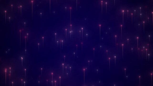 A dark navy blue background is filled with numerous small, glowing pink and red points of light, each connected to a thin vertical line extending upwards, creating a sense of upward movement or