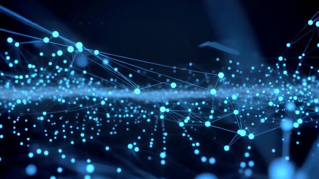 This showcases a mesmerizing digital network of interconnected nodes and lines, set against a dark blue and black background. The visualization represents a complex system, highlighting the