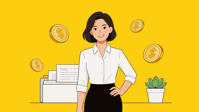 Businesswoman with coins and documents