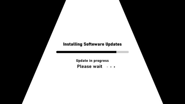 Software update installation progress bar with text Installing Software Updates and Please wait with animated dots on a white triangular shape against a black background