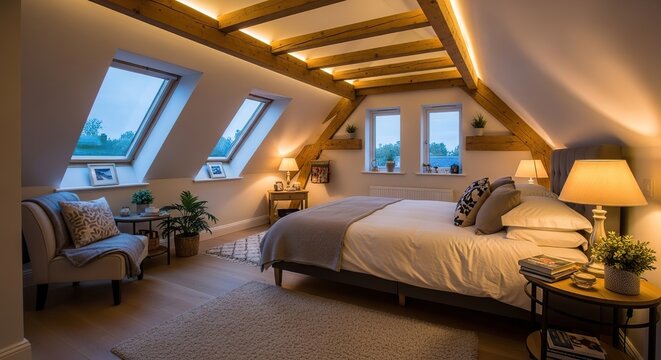 Attic conversion bedroom, dormer windows, exposed beams, cozy lighting, home renovation.-gigapixel