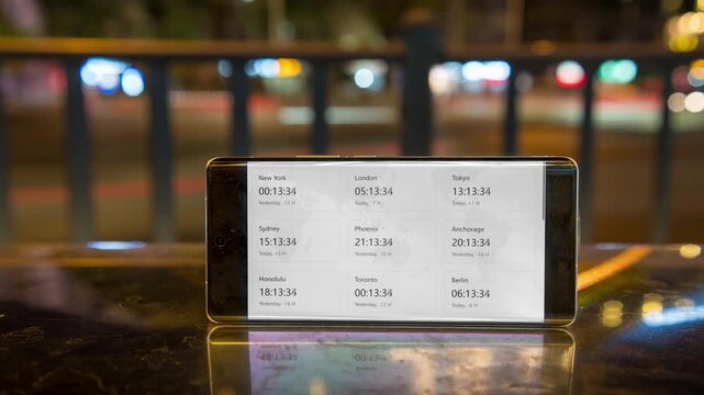 Time-lapse footage of digital clocks from different time zones running together.