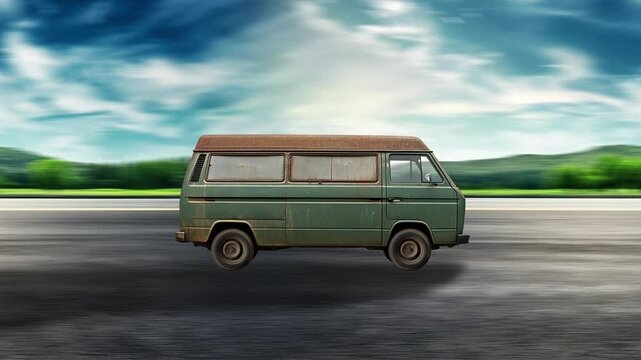 Side view of a Old Van driving on highway at high speed with a forest in the background. Old Van moving forward on background with motion blur effect. 4K Infinite Seamless loop animation.