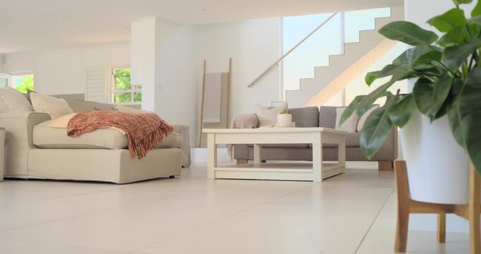 Camera pulling back rising revealing tan sofa table plant and stairs framing seating