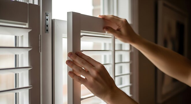 Person adjusting modern white plantation shutters to control sunlight
