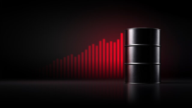Black oil barrel with rising red chart in dark background. Increasing oil prices, energy costs and inflation concept.
